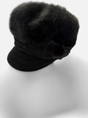 Black Faux Fur Knit Visor Hat